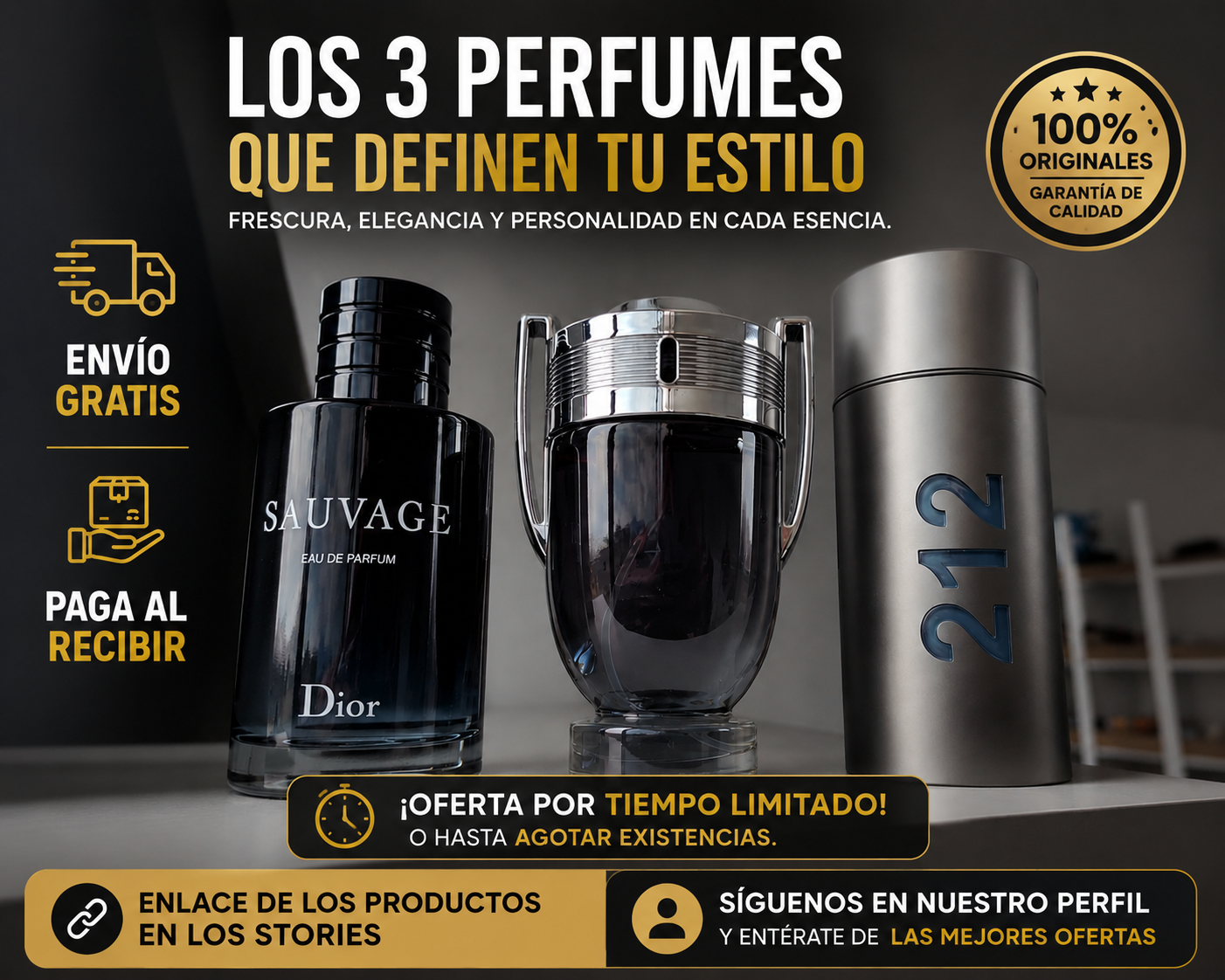 KIT 3 PERFUMES (SAUVAGE+INVICTUS+212VIP MEN)