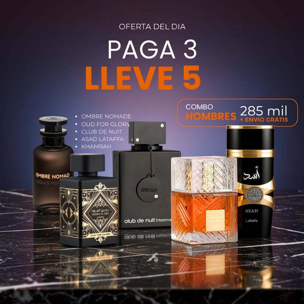 💥 Combo Caballero X5 – Paga 3 y Llévate 5 Perfumes Premium + Regalo !