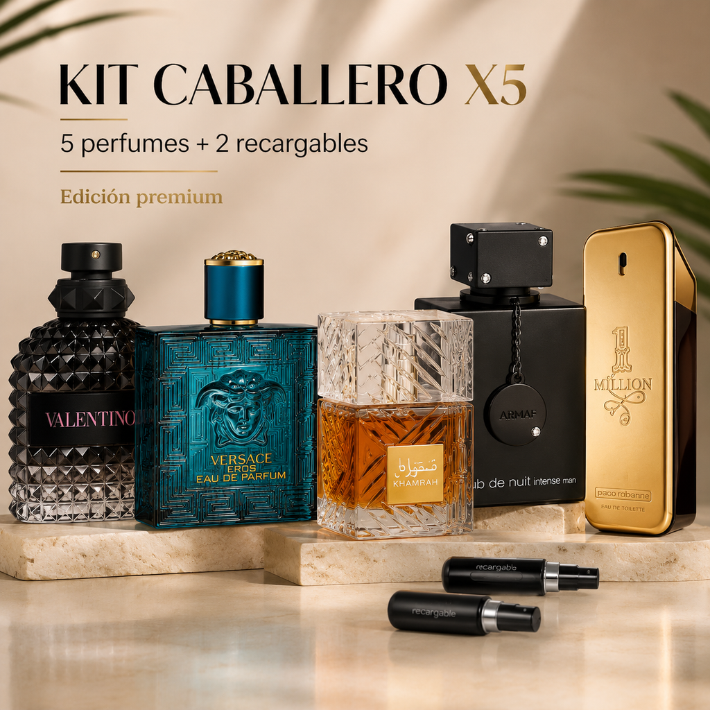 KIT CABALLERO X5 + 2 PERFUMEROS RECARGABLES (5 Aromas para Cada Ocasión)