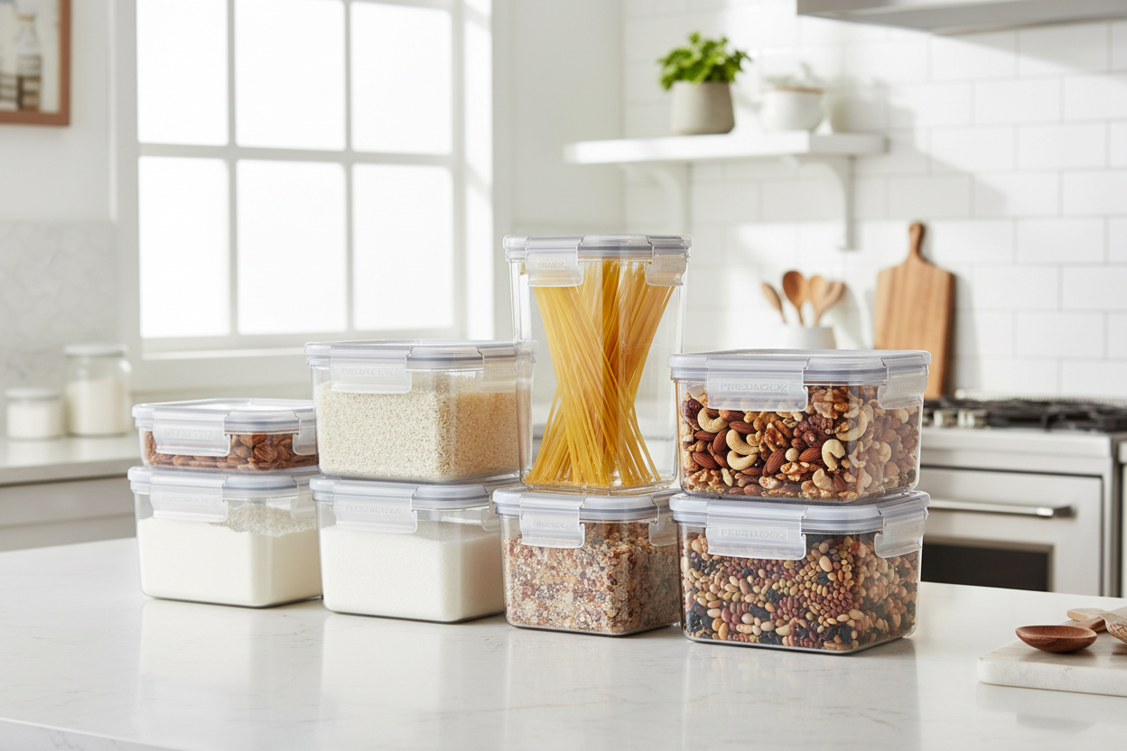 Kit de recipientes herméticos organizados en la cocina